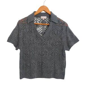 J Crew Gray Cashmere Top Large Sheer Short Sleeves Polo Style Elevated Basic EUC